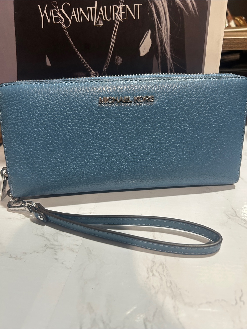 Michael Kors Light Blue Pebbled Leather Zip Wristlet